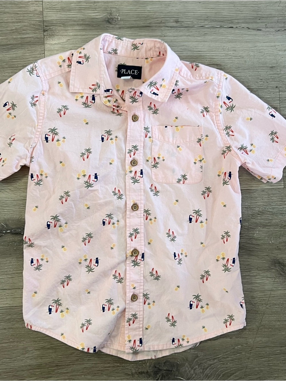 Childrens Place Boys Kid Pink Tropical Short Sleeve Button Down Palm Tree Sz M